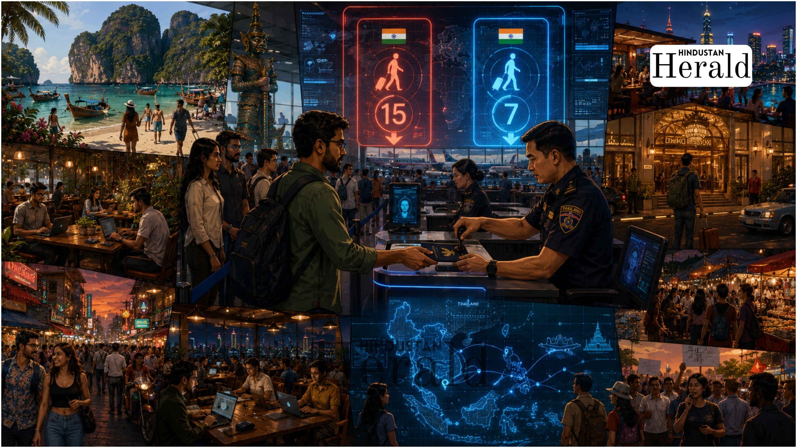 A traveller holding an Indian passport at Suvarnabhumi Airport Bangkok Thailand with a visa stamp and immigration counter visible in the background