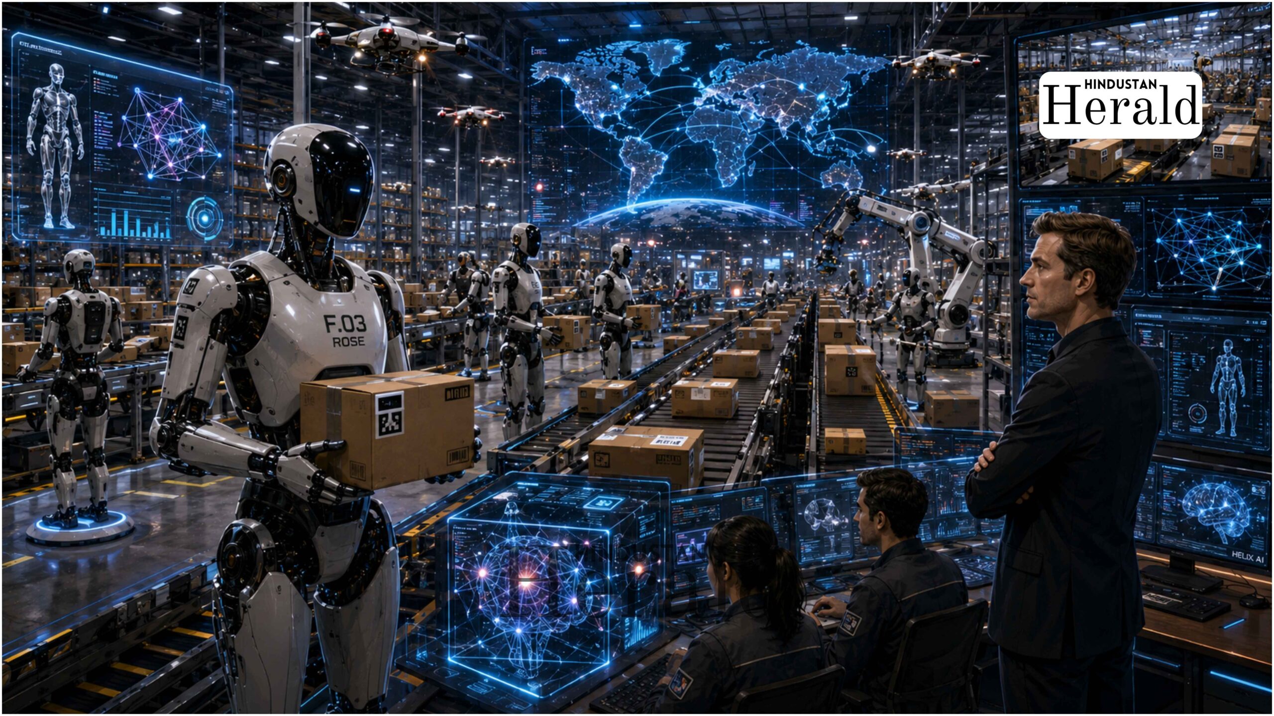 Figure AI F.03 humanoid robot Rose autonomously sorting packages on a live warehouse conveyor line during the 200-hour endurance run