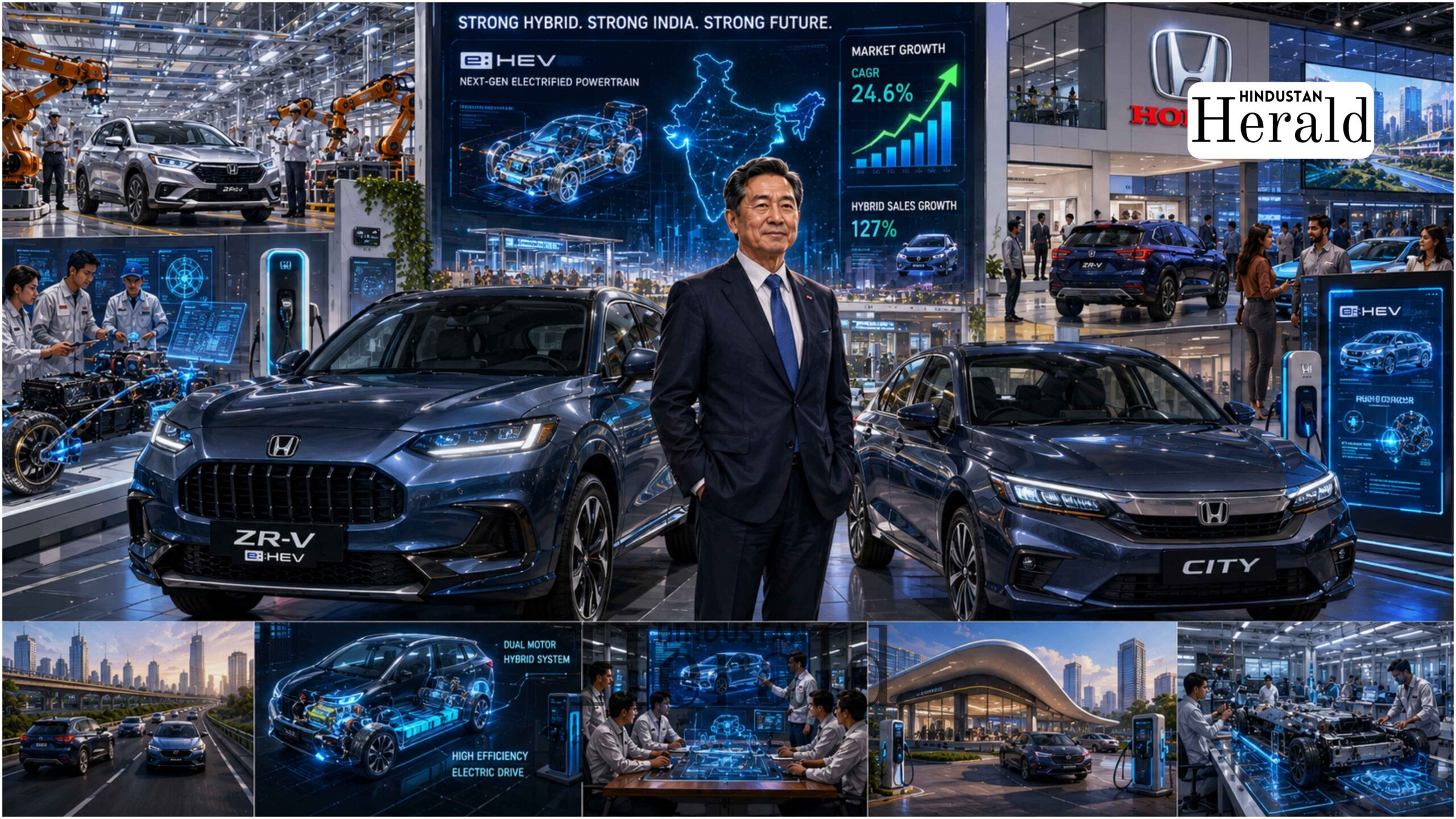 Honda Cars India CEO Takashi Nakajima unveiling the 2026 Honda City and ZR-V eHEV hybrid SUV at the launch event in New Delhi